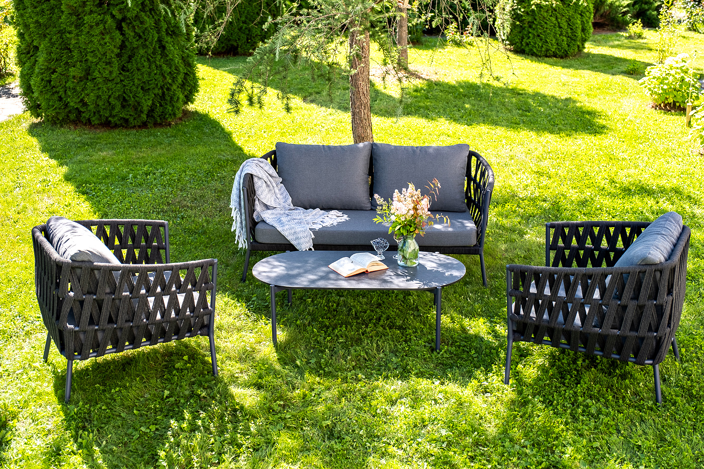 Диего лаунж-зона 4-местная плетеная из роупа (веревки), каркас алюминиевый темно-серый, роуп темно-серый фото 1