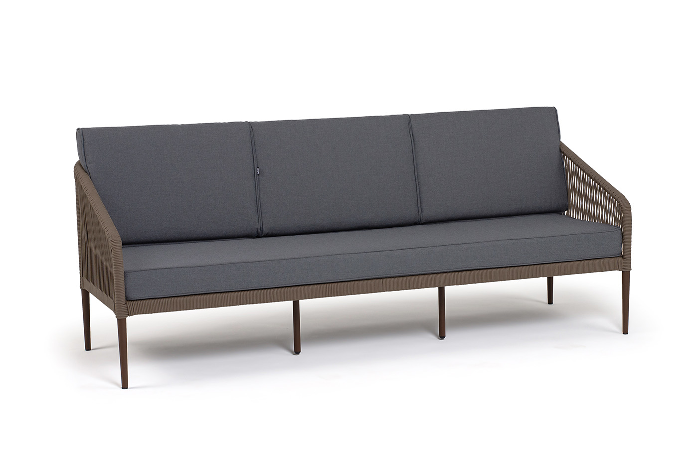 Канны диван 3-местный плетеный из роупа, каркас алюминий темно-серый (RAL7024) шагрень, роуп темно-серый круглый, ткань темно-серая 019 фото 3