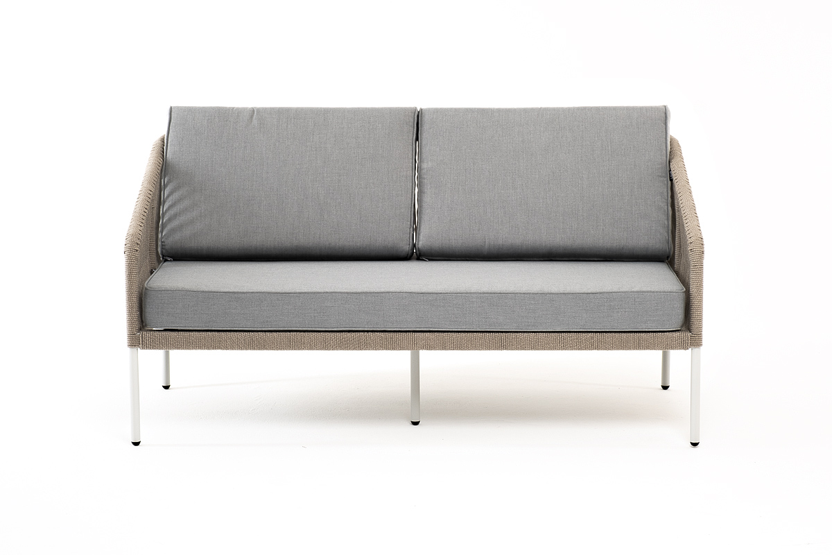 Канны диван 2-местный плетеный из роупа, каркас алюминий светло-серый (RAL7035) шагрень, роуп серый меланж круглый, ткань светло-серая фото 2