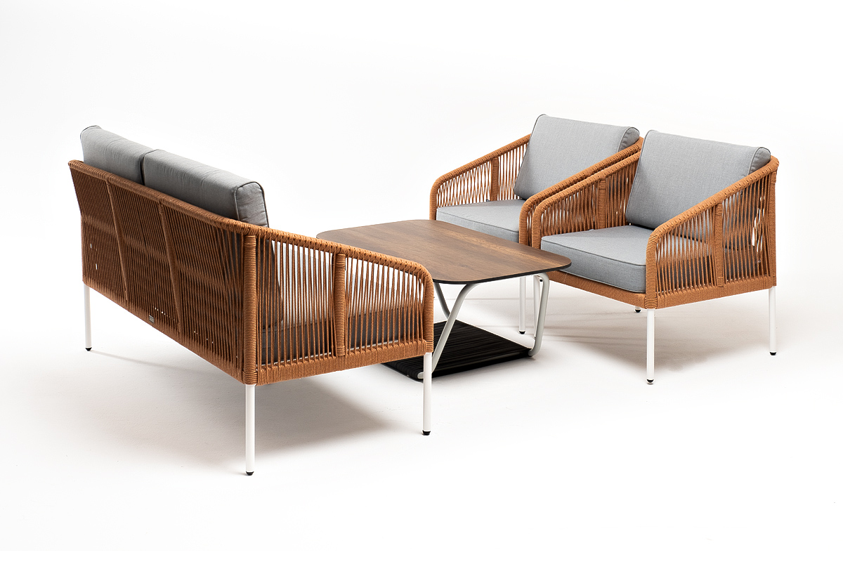 Канны лаунж-зона 4-местная из роупа со столом Глория цвет дуб, каркас алюминиевый белый, роуп оранжевый меланж фото 3