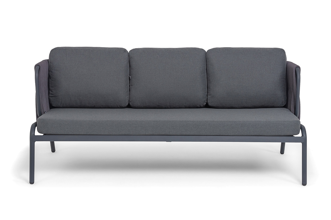 Ронда диван 3-местный плетеный из роупа, каркас алюминий темно-серый (RAL7024) муар, роуп серый 40 мм tex, ткань темно-серая 027 фото 3