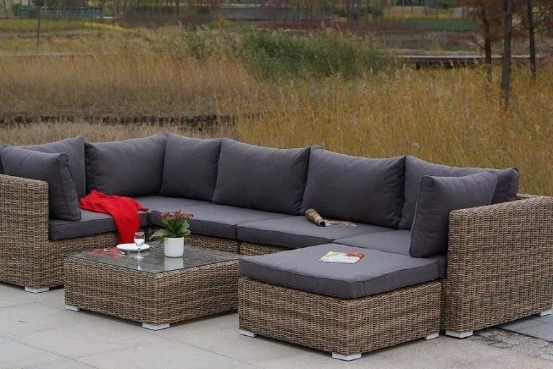 Модуль диванный прямой Лунго 4SIS из искусственного ротанга, цвет соломенный с подушками фото 7