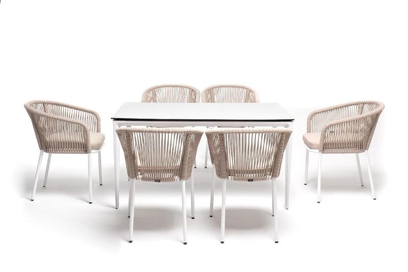 Обеденная группа Малага 4SIS на 6 персон со стульями "Марсель", каркас белый, роуп бежевый фото 3