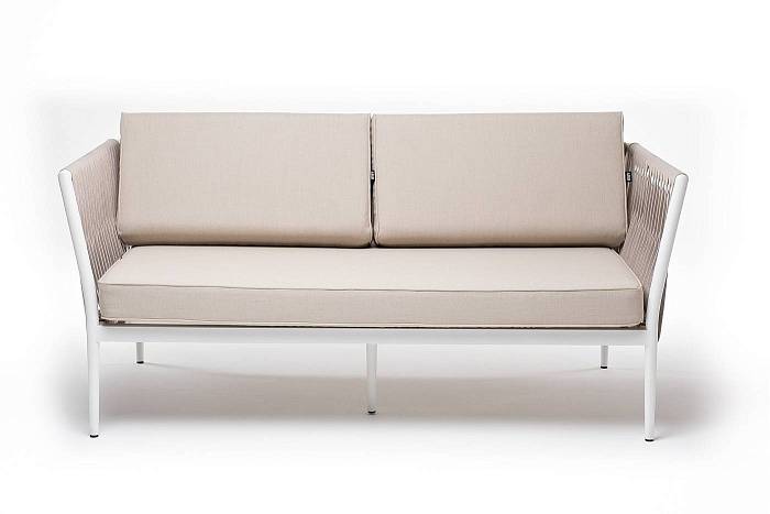 Диван Касабланка 4SIS 2-местный плетеный из роупа, каркас алюминий белый муар, роуп бежевый 20мм, ткань бежевая 15052 фото 2