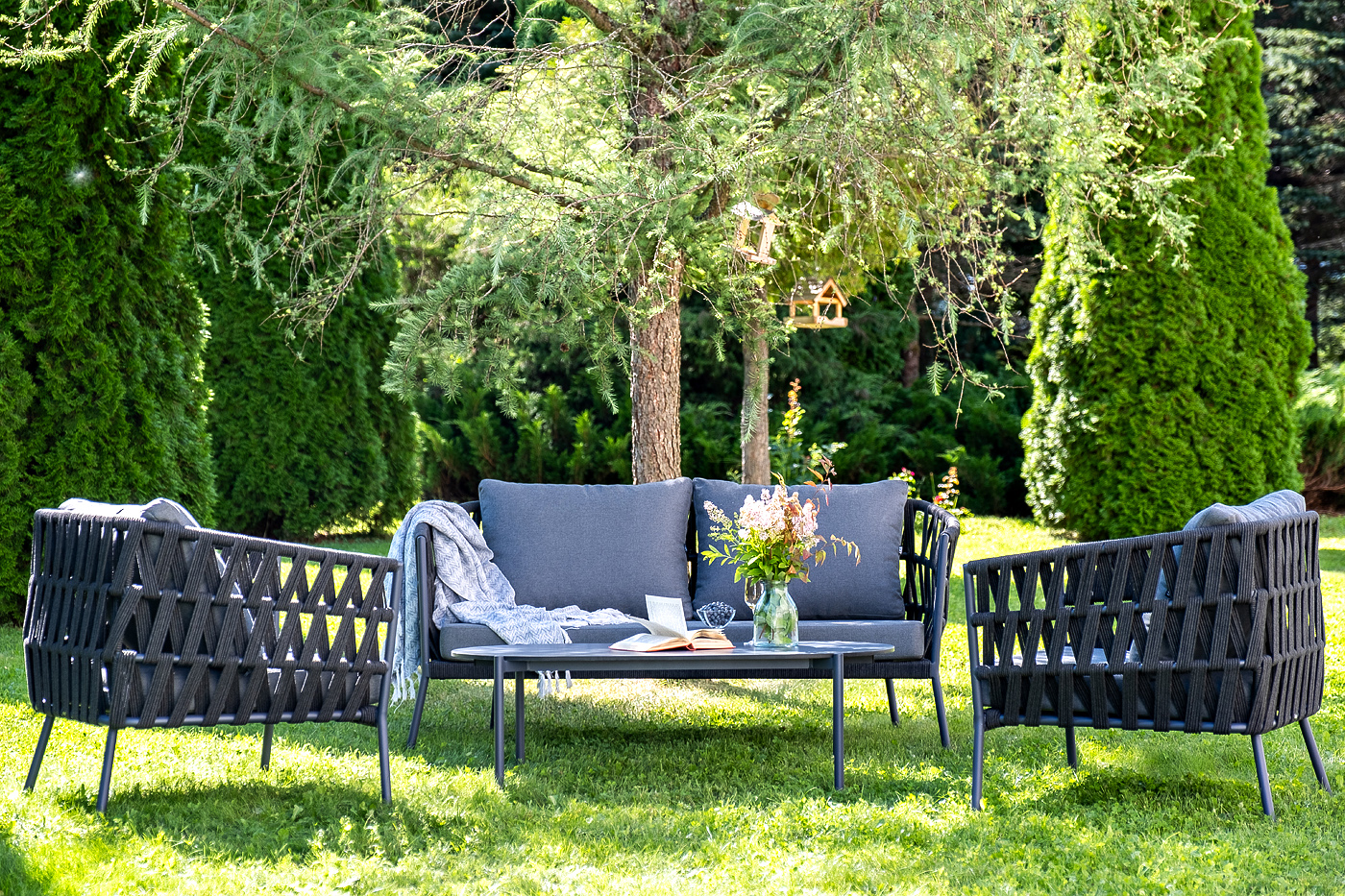 Диего лаунж-зона 4-местная плетеная из роупа (веревки), каркас алюминиевый темно-серый, роуп темно-серый фото 2