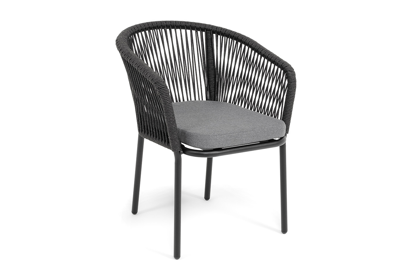 Марсель стул плетеный из роупа, каркас алюминий черный муар, роуп темно-серый круглый, ткань темно-серая 027 фото 2