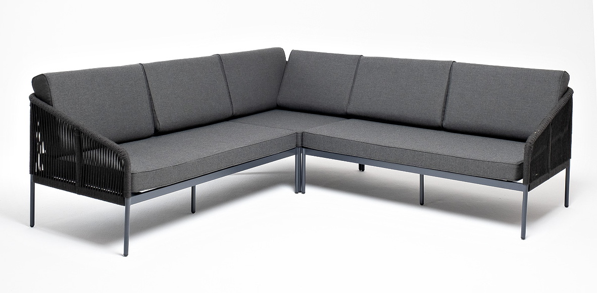 Канны диван модульный плетеный из роупа, каркас алюминий темно-серый (RAL7024), роуп темно-серый круглый, ткань темно-серая фото 1