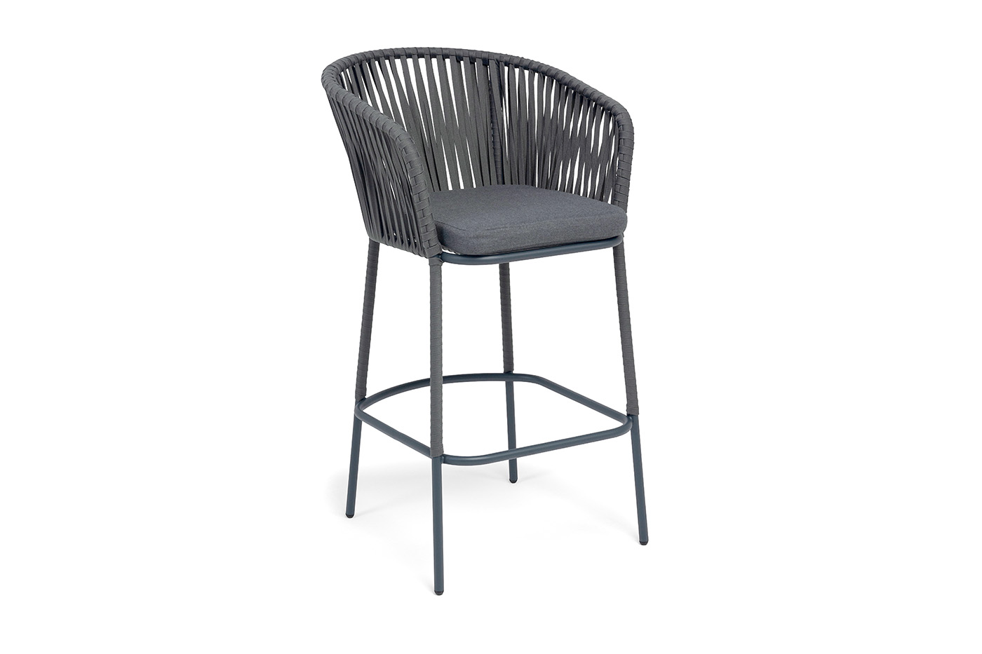 Бордо стул барный плетеный из роупа, каркас из стали темно-серый (RAL7024) муар, роуп серый 15мм, ткань темно-серая 027 NEW фото 2