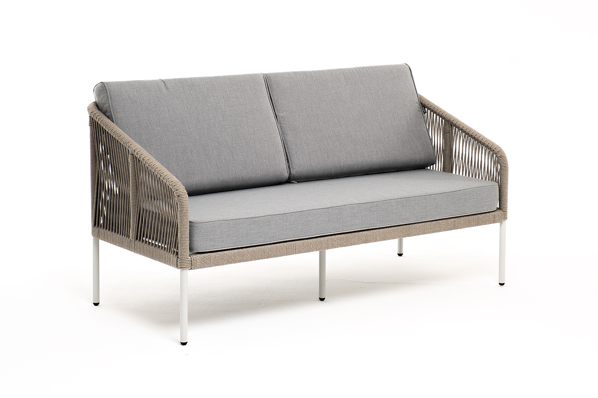 Канны диван 2-местный плетеный из роупа, каркас алюминий светло-серый (RAL7035) шагрень, роуп серый меланж круглый, ткань светло-серая фото 3