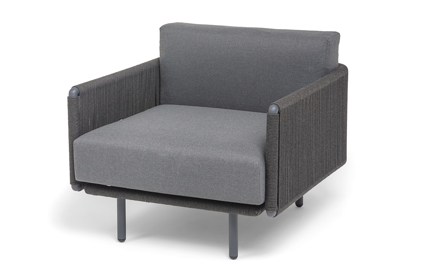 Джелло кресло плетеное из роупа, каркас алюминий темно-серый (RAL7024) муар, роуп темно-серый круглый, ткань темно-серая 027 фото 1