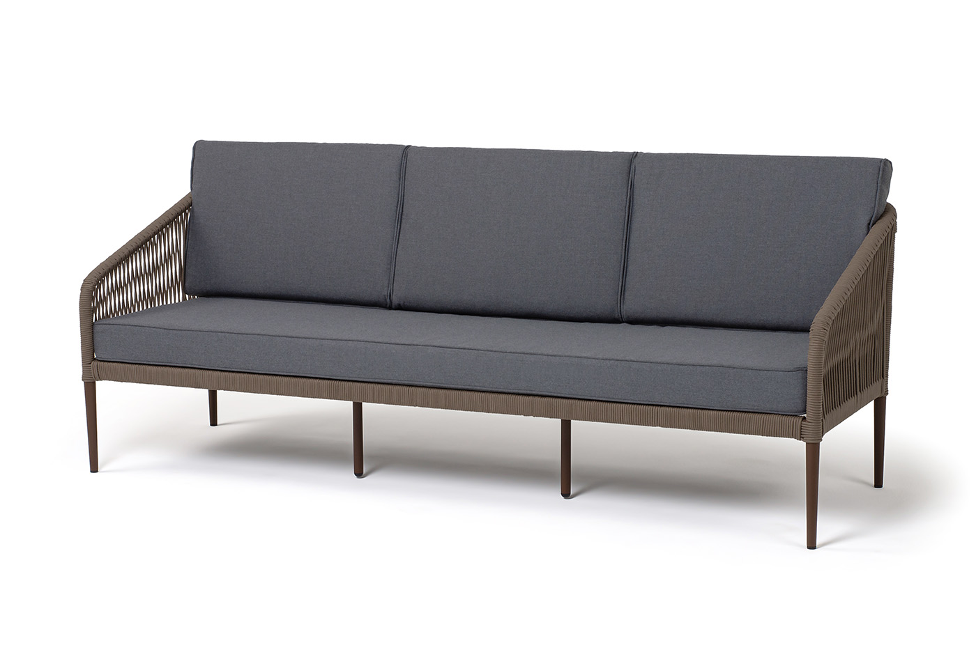 Канны диван 3-местный плетеный из роупа, каркас алюминий темно-серый (RAL7024) шагрень, роуп темно-серый круглый, ткань темно-серая 019 фото 1