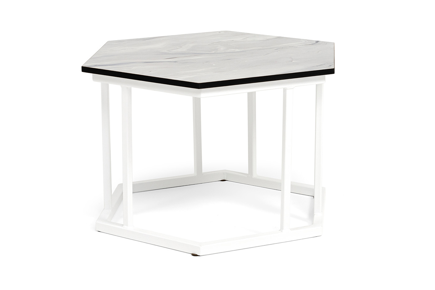 Женева интерьерный стол из HPL шестиугольный, D50, H35, цвет мрамор пепел, каркас из стали белый муар фото 2