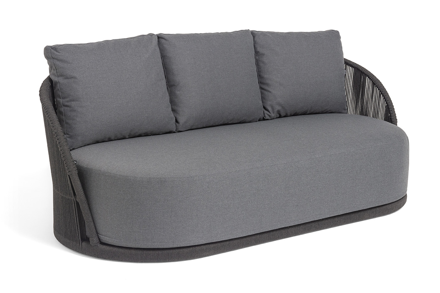 Монтелла диван 3-местный плетеный из роупа, каркас алюминий темно-серый (RAL7024) муар, роуп темно-серый круглый, ткань темно-серая 027 фото 2