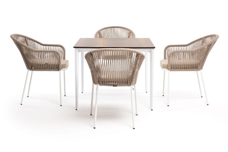 Обеденная группа Малага 4SIS на 4 персоны со стульями "Лион", каркас белый, роуп бежевый фото 3