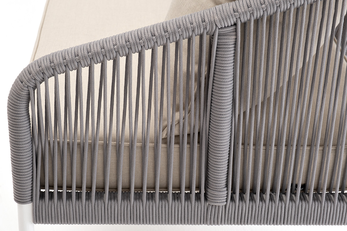 Канны диван 3-местный плетеный из роупа, каркас алюминий белый муар, роуп светло-серый круглый, ткань бежевая 15052 фото 5