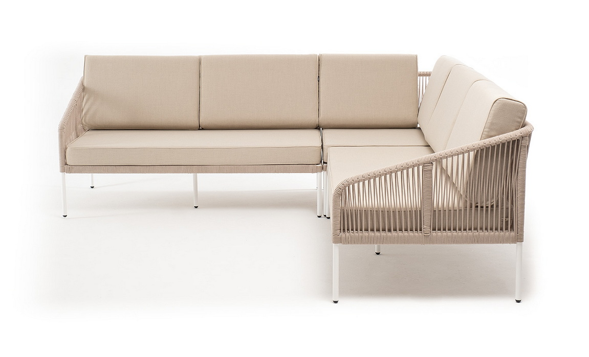 Канны диван модульный плетеный из роупа, каркас алюминий белый, роуп бежевый круглый, ткань бежевая 035 фото 1
