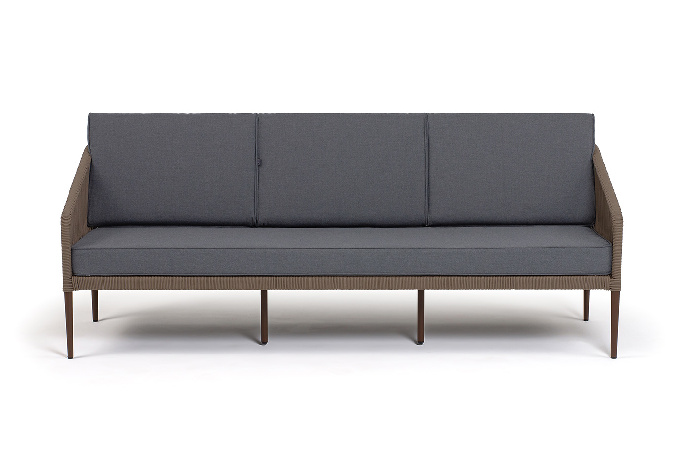 Канны диван 3-местный плетеный из роупа, каркас алюминий темно-серый (RAL7024) шагрень, роуп темно-серый круглый, ткань темно-серая 019 фото 2