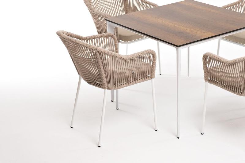 Обеденная группа Малага 4SIS на 4 персоны со стульями "Лион", каркас белый, роуп бежевый фото 6