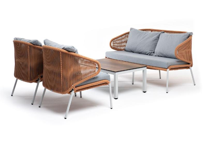 Лаунж-зона Милан 4SIS 4-местная плетеная из роупа (веревки), каркас алюминиевый светло-серый, роуп оранжевый меланж фото 1