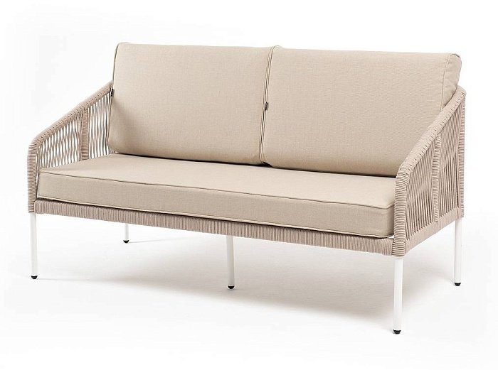 Диван Канны 4SIS 2-местный плетеный из роупа, каркас алюминий белый муар, роуп бежевый круглый, ткань бежевая 52 фото 1