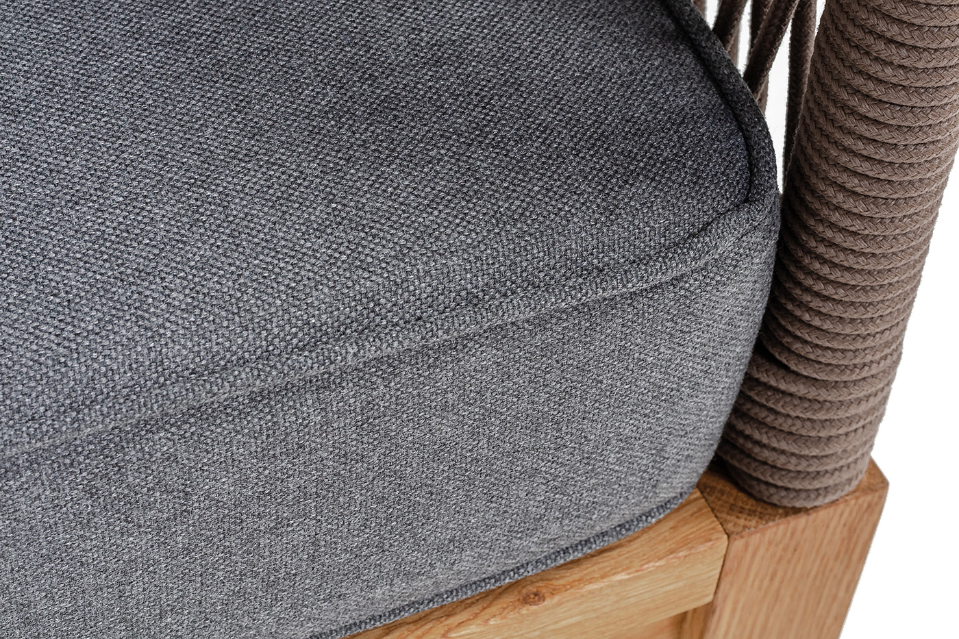 Канны диван 3-местный плетеный из роупа, основание дуб, роуп коричневый круглый, ткань темно-серая 027 фото 6