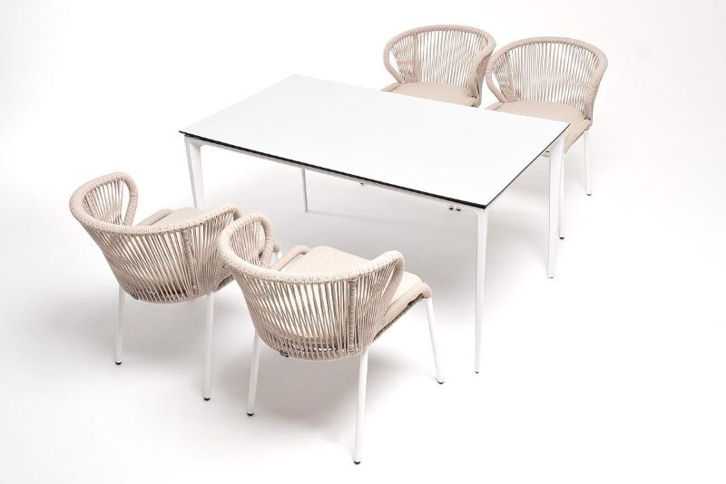 Обеденная группа Малага 4SIS на 4 персоны со стульями "Милан", каркас белый, роуп бежевый фото 4