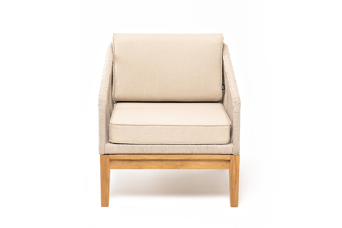 Канны кресло плетеное из роупа, основание дуб, роуп бежевый круглый, ткань бежевая 15052 фото 2