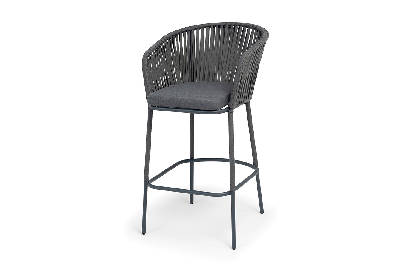 Бордо стул барный плетеный из роупа, каркас из стали темно-серый (RAL7024) муар, роуп серый 15мм, ткань темно-серая 027 NEW фото 1