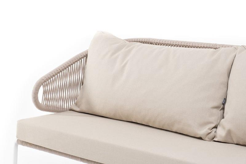 Диван трехместный Милан 4SIS из роупа (веревки), каркас алюминий белый, роуп бежевый круглый, ткань бежевая фото 4