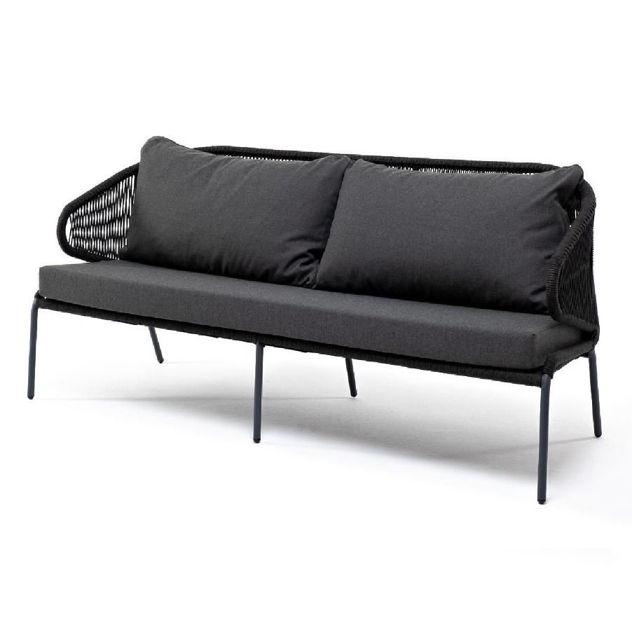 Диван трехместный Милан 4SIS из роупа (веревки), каркас алюминий темно-серый (RAL7024), роуп темно-серый круглый, ткань темно-серая фото 1