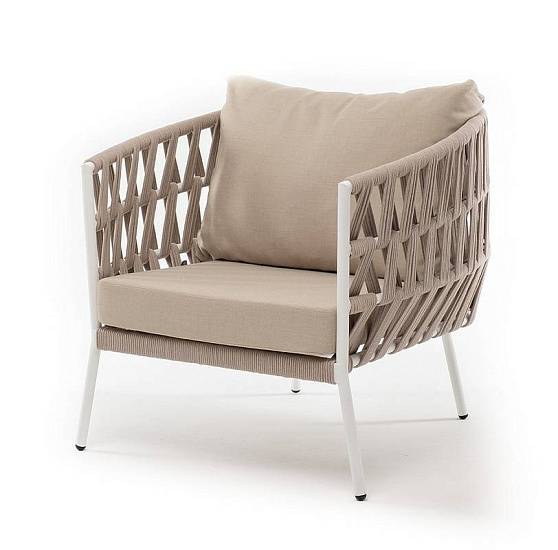 Кресло Диего 4SIS плетеное из роупа, каркас алюминий белый муар, роуп бежевый круглый, ткань бежевая 52 фото 1