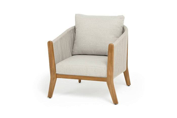 Кресло Сидней 4SIS плетеное из роупа, основание тик, каркас алюминий бежевый, роуп бежевый, ткань бежевая фото 1