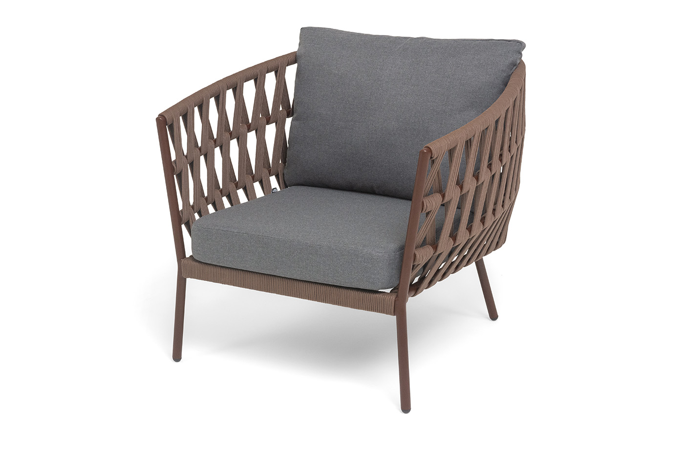 Диего кресло плетеное из роупа, каркас алюминий коричневый (RAL8016) муар, роуп коричневый круглый, ткань темно-серая 027 фото 1