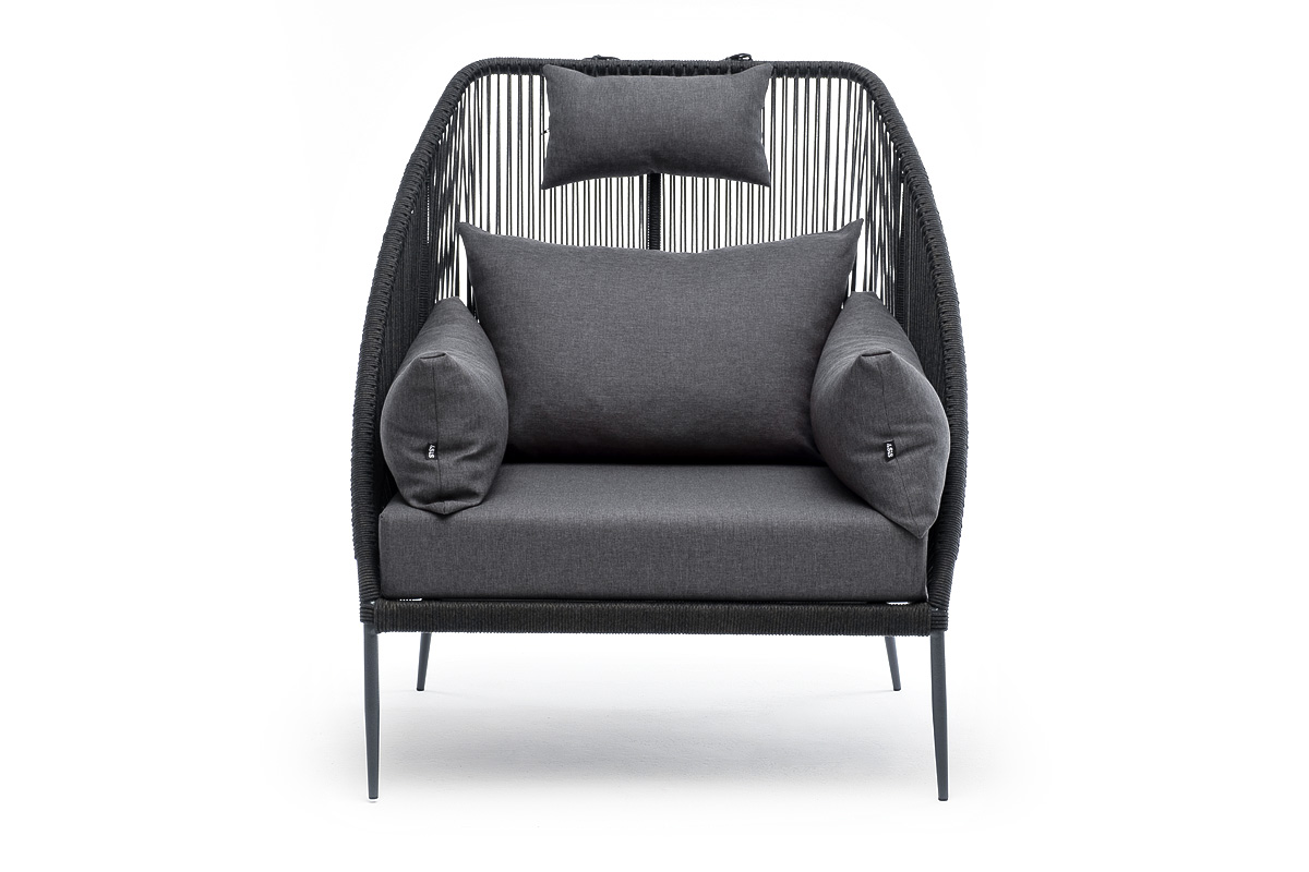 Мадрид кресло плетеное из роупа, каркас алюминий темно-серый (RAL7024) муар, роуп темно-серый круглый, ткань темно-серая 027 фото 2