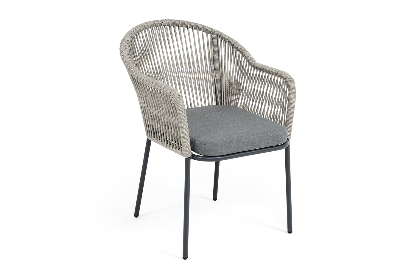 Лион стул плетеный из роупа, каркас из стали темно-серый (RAL7024) муар, роуп серый меланж круглый, ткань серая 017 фото 2
