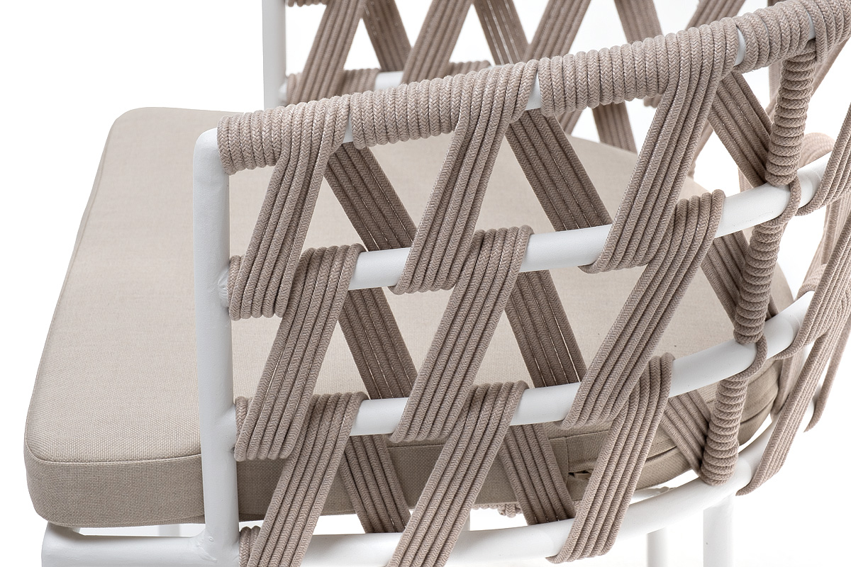 Диего стул плетеный из роупа, каркас из стали белый муар, роуп бежевый круглый, ткань бежевая 15052 фото 5