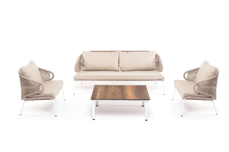 Лаунж-зона Милан 5-местная плетеная из роупа (веревки), каркас алюминиевый белый, роуп бежевый фото 1