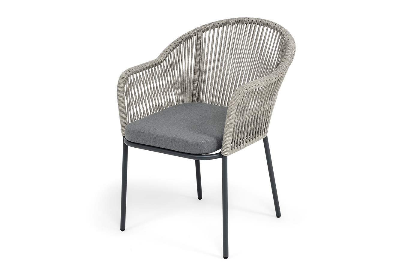 Лион стул плетеный из роупа, каркас из стали темно-серый (RAL7024) муар, роуп серый меланж круглый, ткань серая 017 фото 1