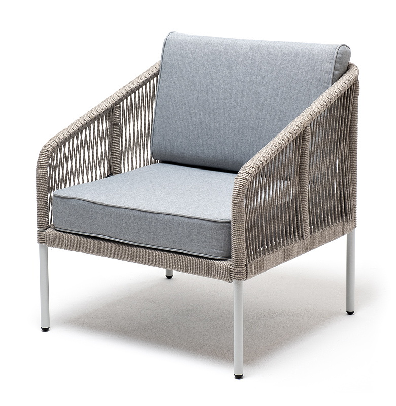 Канны кресло плетеное из роупа, каркас алюминий светло-серый (RAL7035) муар, роуп серый меланж круглый, ткань светло-серая фото 1