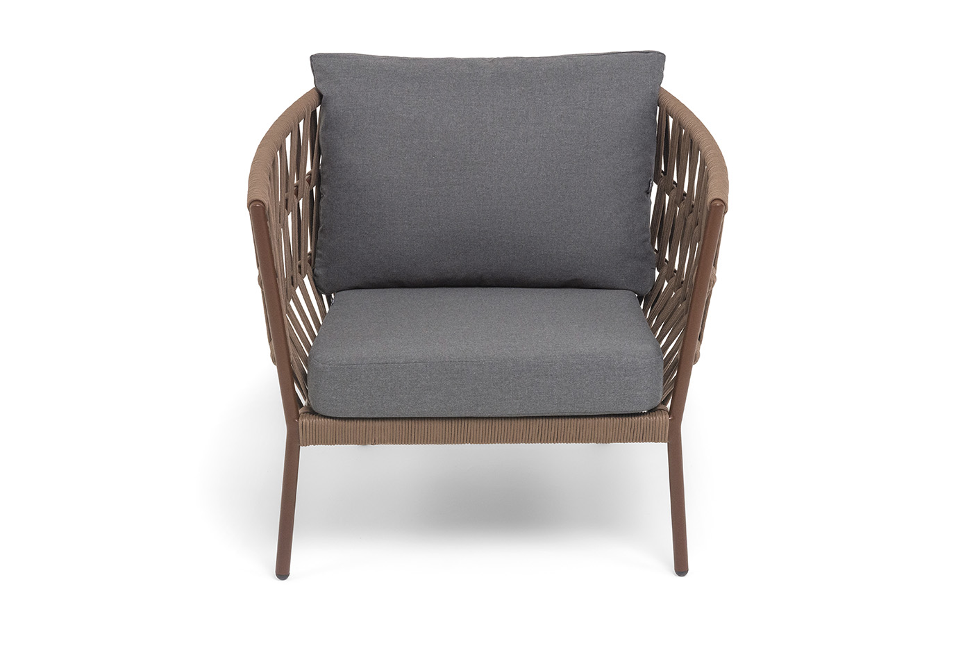 Диего кресло плетеное из роупа, каркас алюминий коричневый (RAL8016) муар, роуп коричневый круглый, ткань темно-серая 027 фото 2