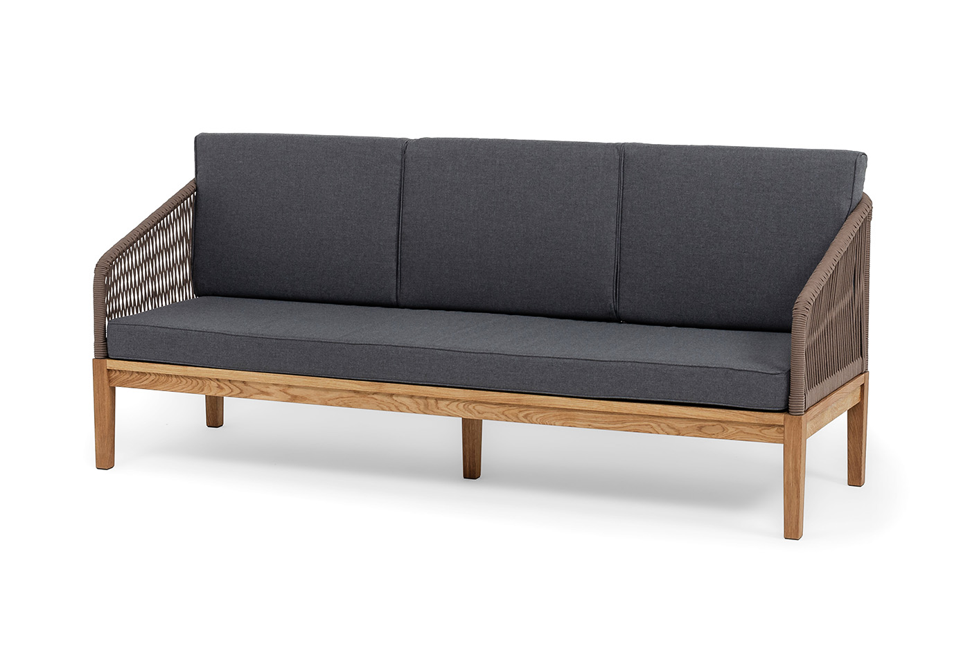 Канны диван 3-местный плетеный из роупа, основание дуб, роуп коричневый круглый, ткань темно-серая 027 фото 1