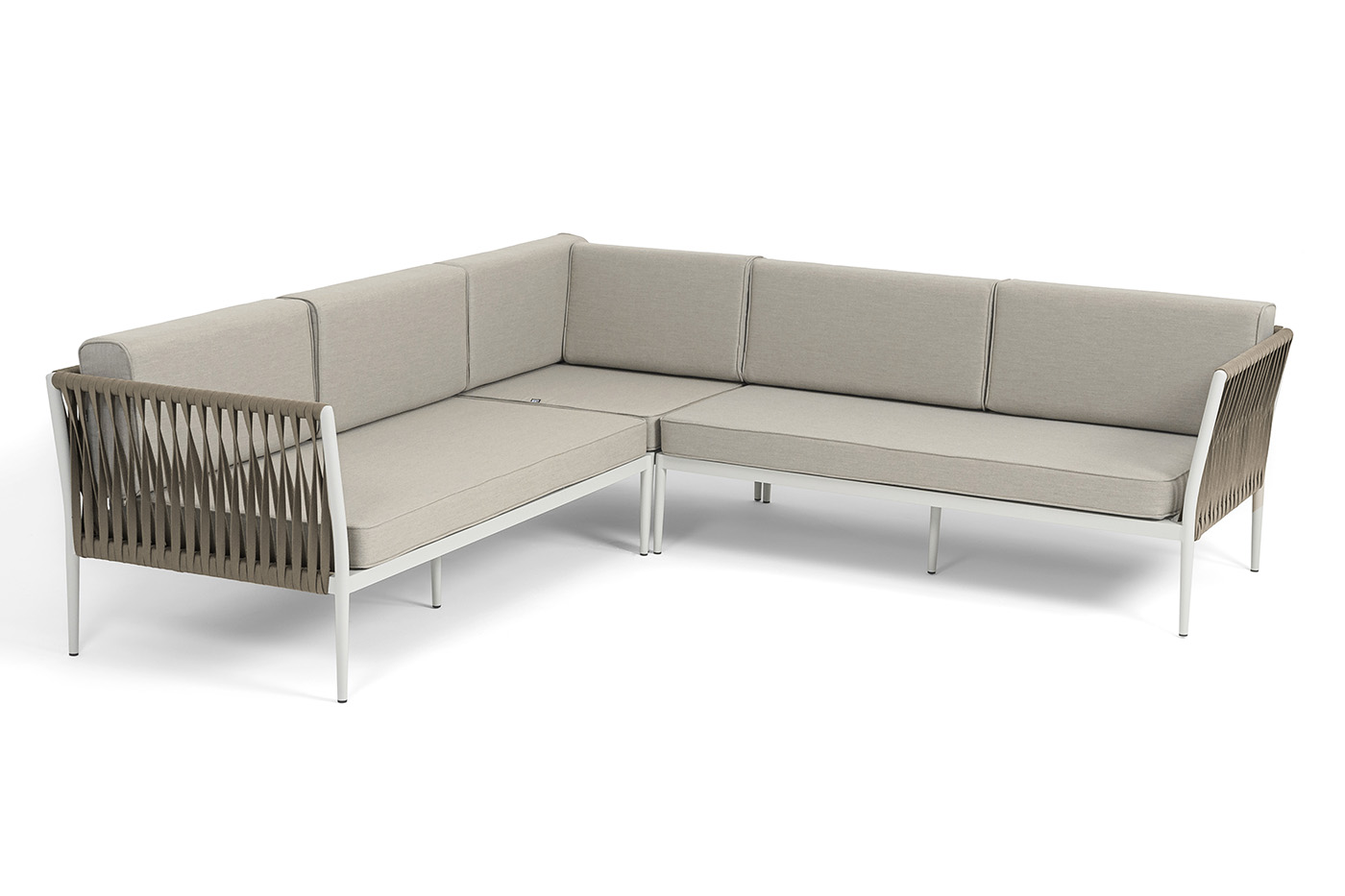 Касабланка диван модульный плетеный из роупа, каркас алюминий, роуп серо-коричневый 23мм, ткань бежевая 15052 фото 1