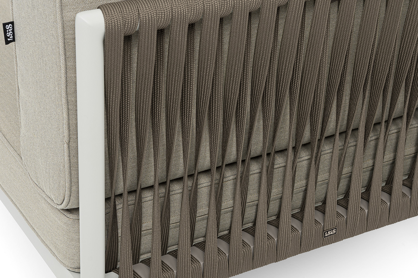 Касабланка угловой модуль плетеный из роупа, каркас алюминий светло-серый (RAL7035) муар, роуп серо-коричневый 23мм, ткань бежевая 15052 фото 5