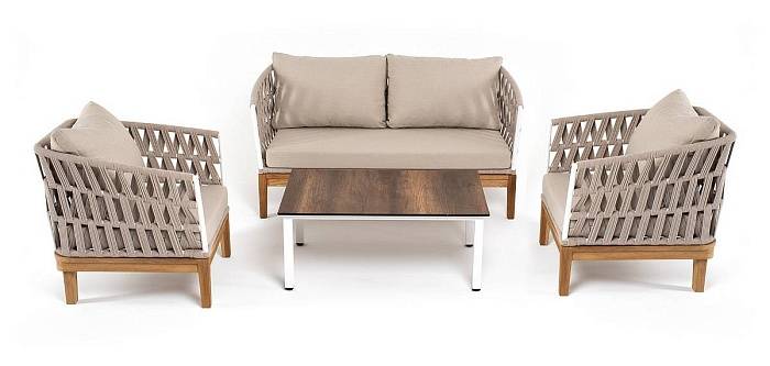 Лаунж-Зона Диего 4SIS 4-местная плетеная из роупа со столиком Канны цвета дуб, основание дуб, роуп бежевый фото 1