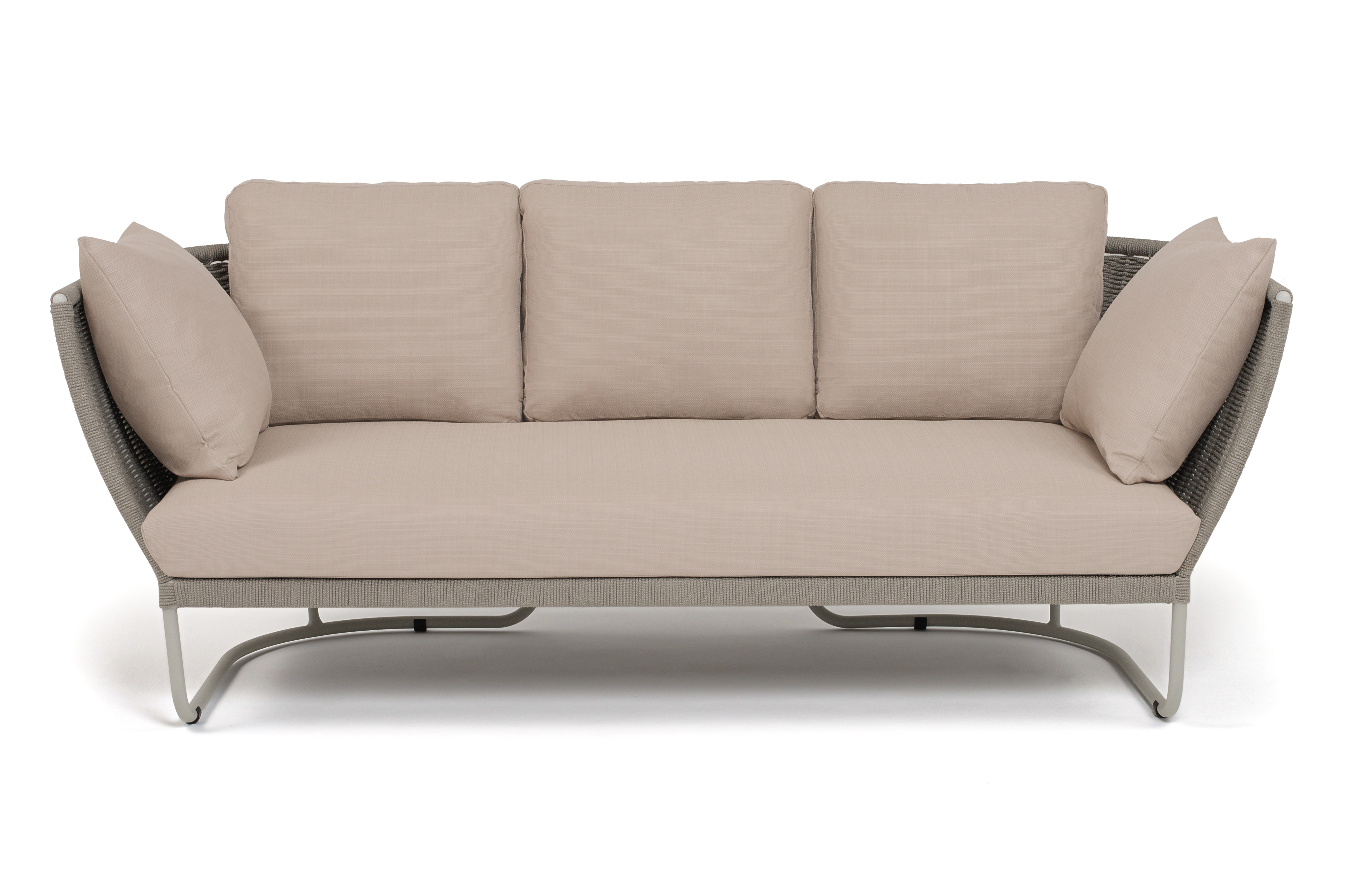 Фиджи диван 3-местный плетеный из роупа, каркас алюминий светло-серый (RAL7035) муар, роуп серый меланж круглый, ткань Mossle бежевая фото 2