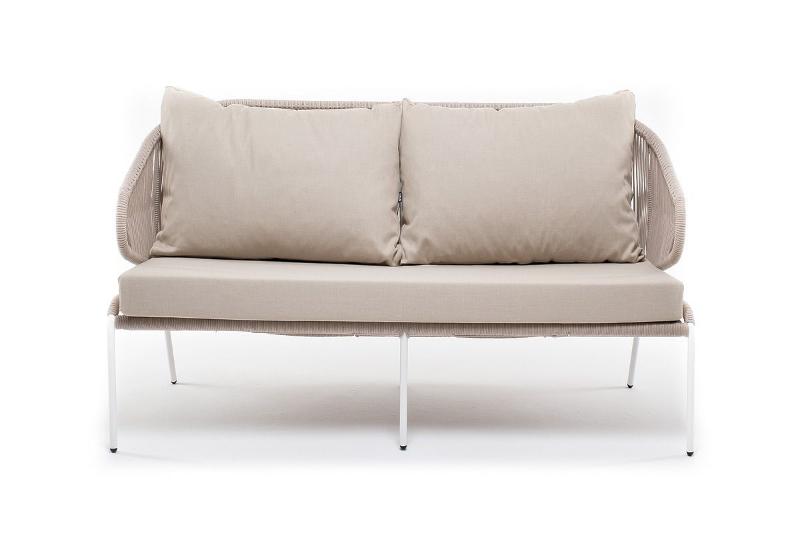 Диван двухместный Милан 4SIS из роупа (веревки), каркас алюминий белый, роуп бежевый круглый, ткань бежевая фото 4