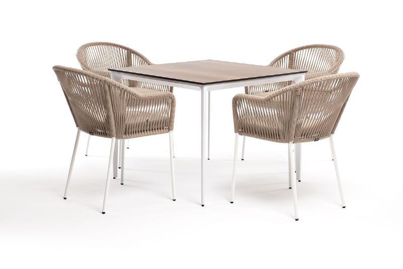 Обеденная группа Малага 4SIS на 4 персоны со стульями "Лион", каркас белый, роуп бежевый фото 1