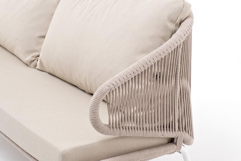 Диван трехместный Милан 4SIS из роупа (веревки), каркас алюминий белый, роуп бежевый круглый, ткань бежевая фото 5