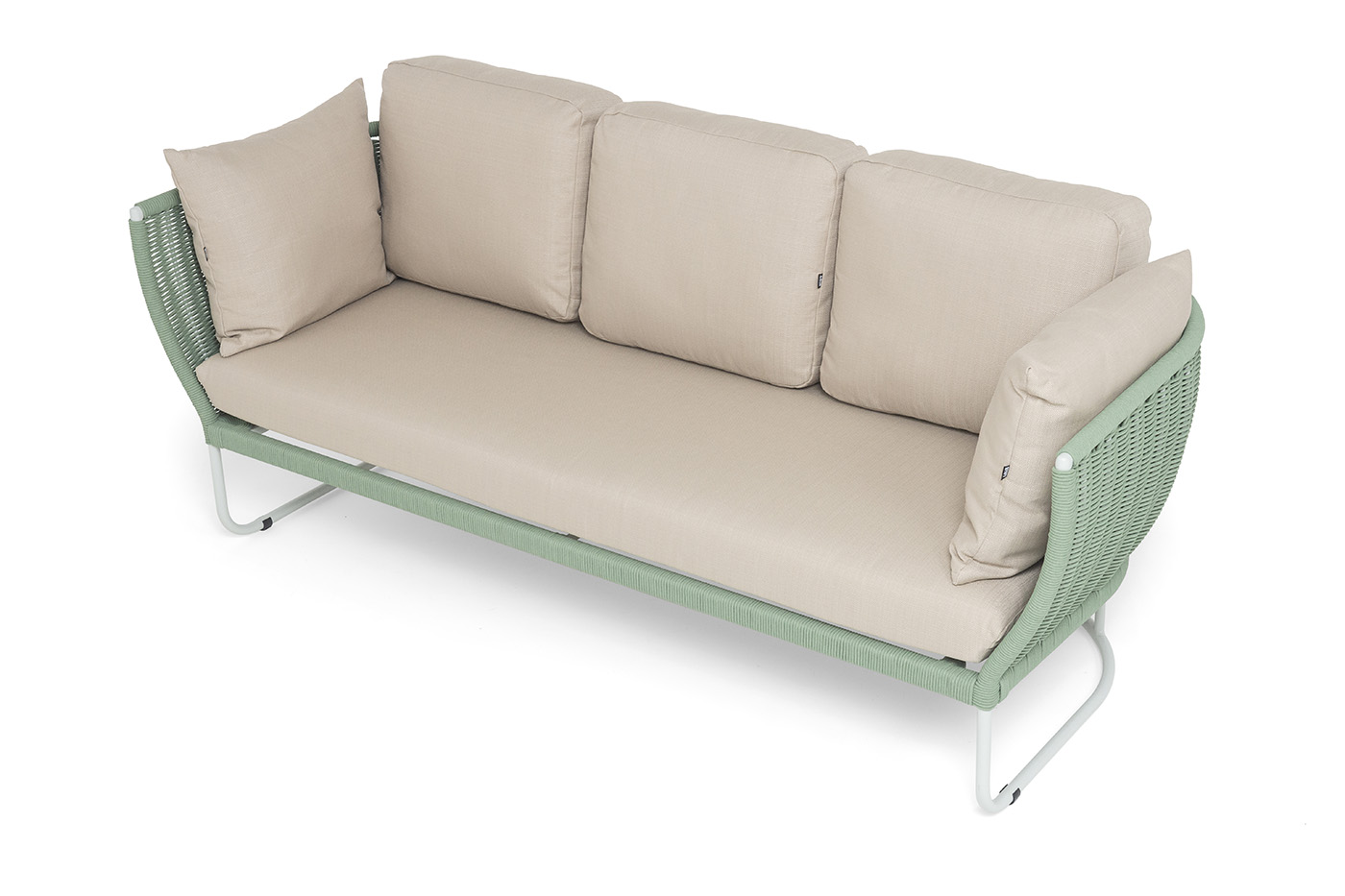 Фиджи диван 3-местный плетеный из роупа, каркас алюминий светло-серый (RAL7035) муар, роуп зеленый (4204) круглый tex, ткань Mossle бежевая фото 4