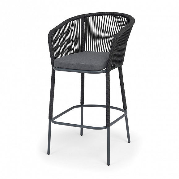 Марсель стул барный плетеный из роупа, каркас из стали темно-серый (RAL7024) муар, роуп темно-серый круглый, ткань темно-серая 027 NEW фото 1